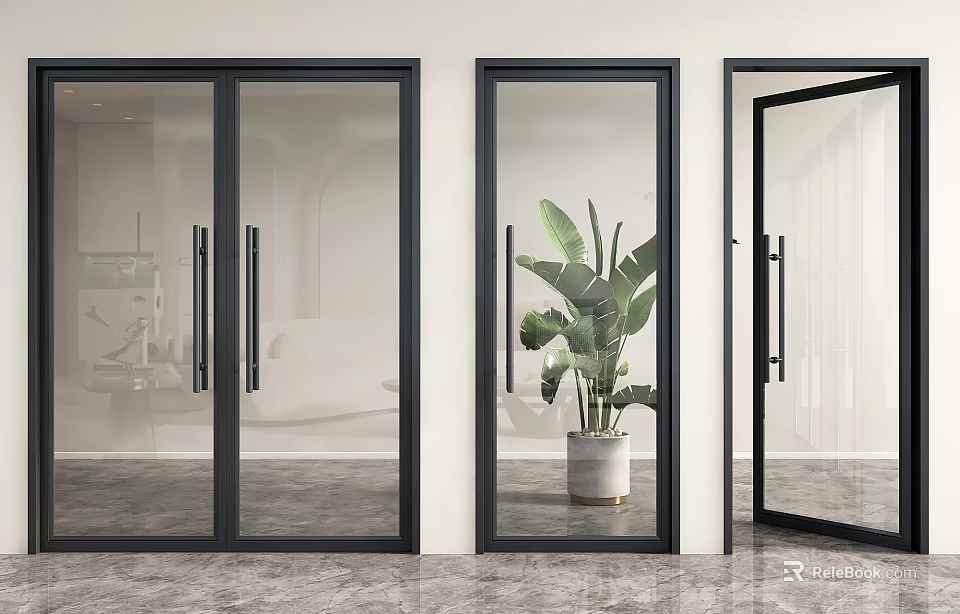Modern Black Framed Glass Doors Interior With Potted Plant And Marble Floor 3d model 