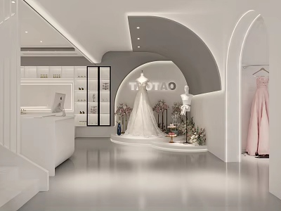Modern White Wedding Dress Shop Interior With Arched Design And Gowns 3d model