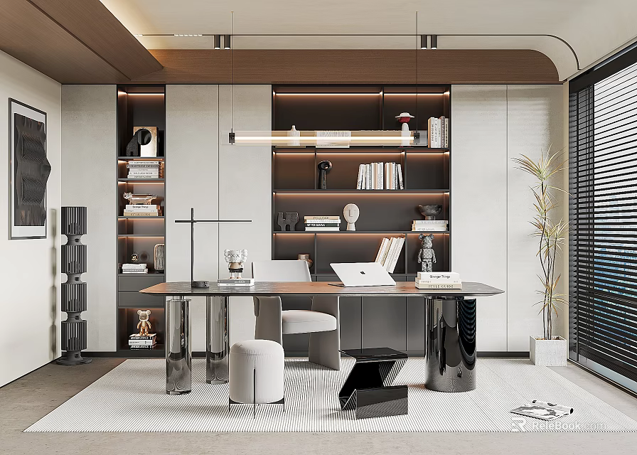 Modern Study Room Interior With Bookshelves Desk Chair And Large Windows 3d model 