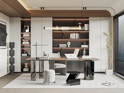 Modern Study Room Interior With Bookshelves Desk Chair And Large Windows 3d model