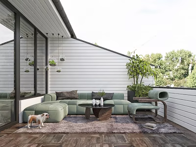 Cozy Home Balcony with Green Sofa Rug Dog Hanging Plants Wooden Floor and Tree View 3d model