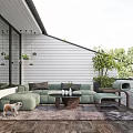 Cozy Home Balcony with Green Sofa Rug Dog Hanging Plants Wooden Floor and Tree View