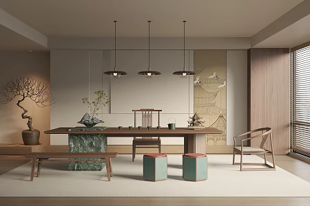 New Chinese Style Tea Room Tea Room Tea Table Tea Chair Tea Stool 3d model