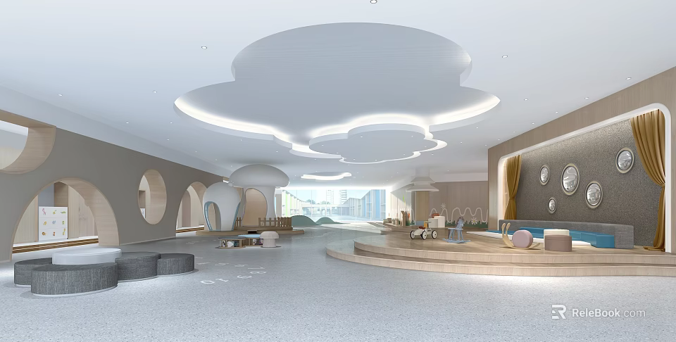 Modern Kindergarten Interior Design With Cloud Ceiling Curved Windows And Play Area 3d model 