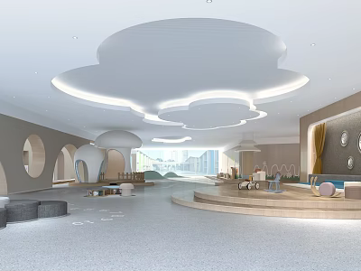 Modern Kindergarten Interior Design With Cloud Ceiling Curved Windows And Play Area 3d model