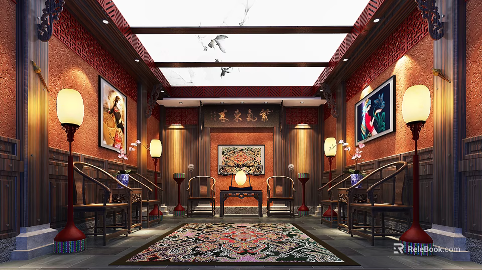 Traditional Chinese Reception Room Interior Design With Mahogany Furniture Lanterns And Patterned Rug 3d model 