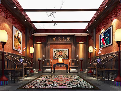 Traditional Chinese Reception Room Interior Design With Mahogany Furniture Lanterns And Patterned Rug 3d model