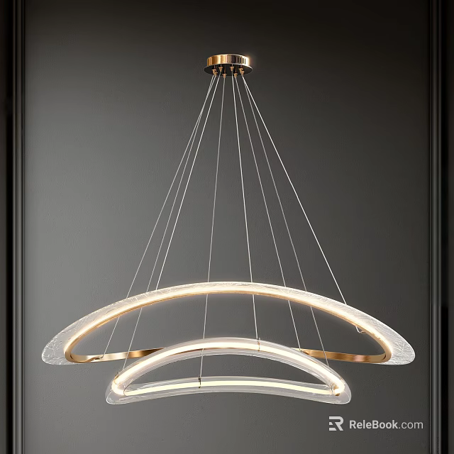 Sleek Modern Chandelier Featuring Double Circular Rings Golden Wires And Glass Shades 3d model 