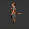 3D Female Character Model With Orange Gray Outfit Scarf Shoulder Pads Belt Boots
