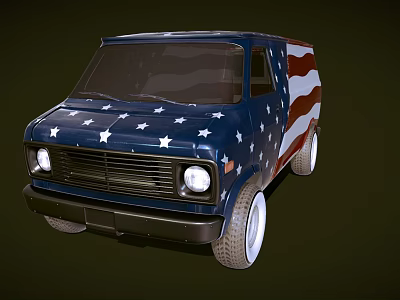 Vintage Blue Van With American Flag Stars And Stripes Design 3d model