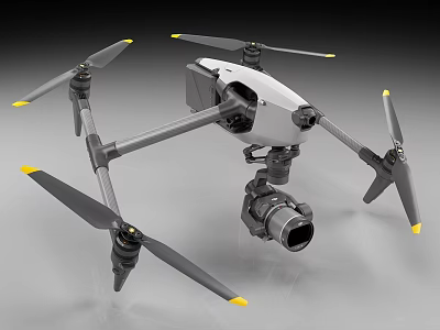 Professional Quadcopter Drone With Camera And Gray Body And Yellow Tipped Propellers 3d model