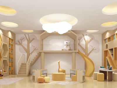 Children's Playroom Interior With Cloud Shaped Chandelier Tree Themed Walls Slide Staircase And Bookshelves 3d model