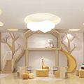 Children's Playroom Interior With Cloud Shaped Chandelier Tree Themed Walls Slide Staircase And Bookshelves
