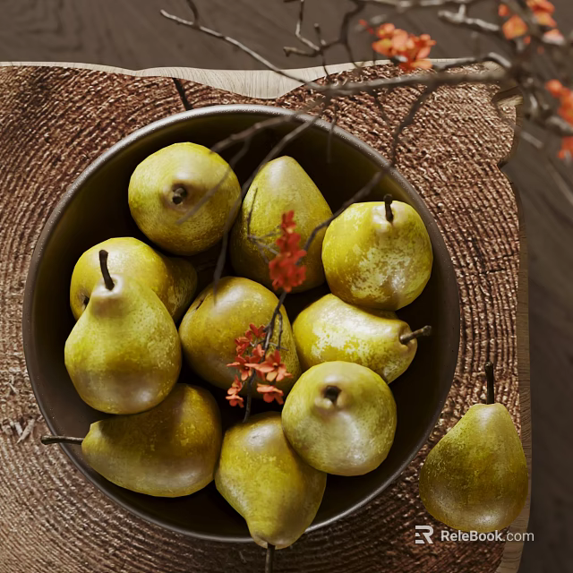 Ceramic Bowl Filled With Yellow Green Pears Featuring Branches And Red Flowers On Woven Mat 3d model 