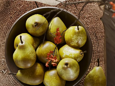 Ceramic Bowl Filled With Yellow Green Pears Featuring Branches And Red Flowers On Woven Mat 3d model