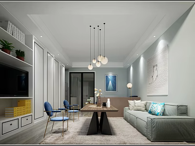 Bright Modern Minimalist Living Room With Cozy Sofa Dining Table And Practical Storage Cabinets 3d model