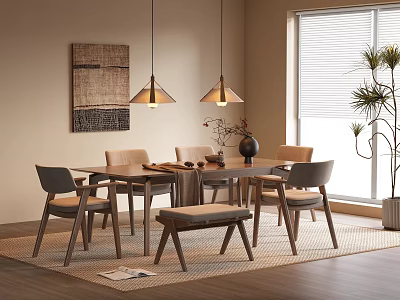 Warm Modern Dining Table Set with Wooden Chairs Bench Pendant Lights Wall Art and Plant 3d model