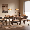 Warm Modern Dining Table Set with Wooden Chairs Bench Pendant Lights Wall Art and Plant