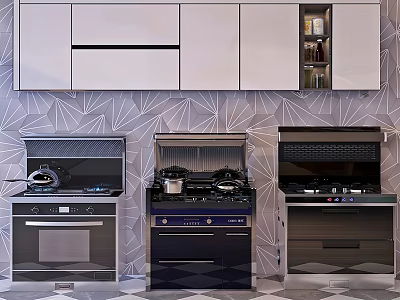 Modern Kitchen With Geometric Wall Design Stainless Steel Appliances Stoves And Ovens 3d model