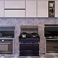 Modern Kitchen With Geometric Wall Design Stainless Steel Appliances Stoves And Ovens
