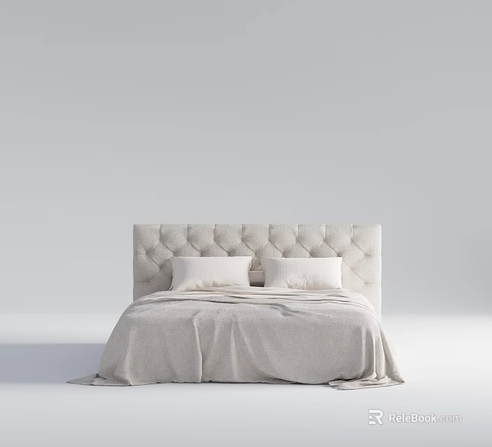 Minimalist Double Bed With Tufted Upholstered Headboard And Soft Linen Bedding 3d model