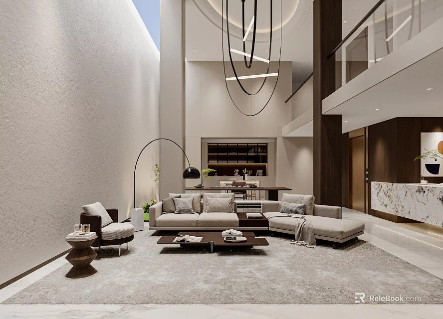 Modern Basement Interior With Sofas And Pendant Lights 3d model 