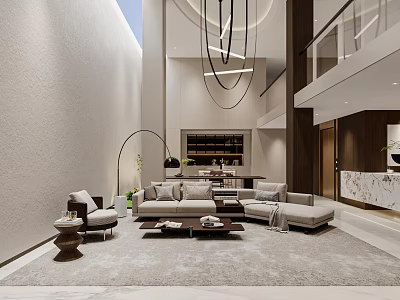Modern Basement Interior With Sofas And Pendant Lights 3d model