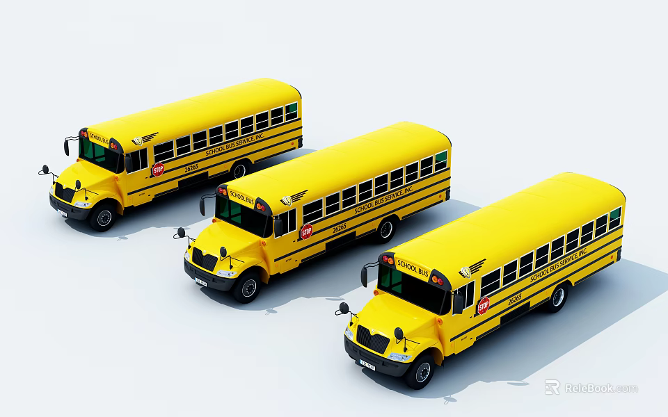 Three Yellow School Buses Parked In A Row On White Background 3d model