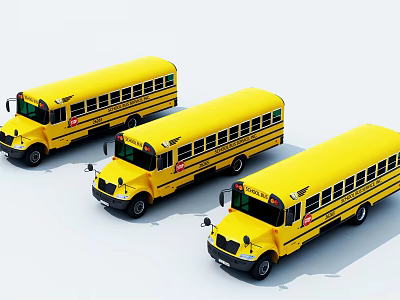 Three Yellow School Buses Parked In A Row On White Background 3d model