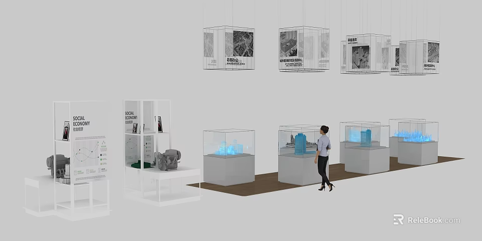 Modern Exhibition Display Shelves With Transparent Cabinets Blue Lighting And Person Viewing Exhibits 3d model 