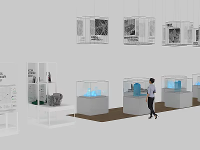 Modern Exhibition Display Shelves With Transparent Cabinets Blue Lighting And Person Viewing Exhibits 3d model