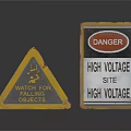 Vintage Metal Warning Signs Including Triangular Watch For Objects And Rectangular Danger High Voltage