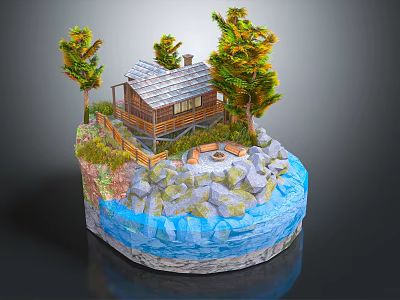 Cartoon Scene Featuring Wooden Cabin Green Trees Rocks Campfire And Water 3d model