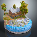 Cartoon Scene Featuring Wooden Cabin Green Trees Rocks Campfire And Water