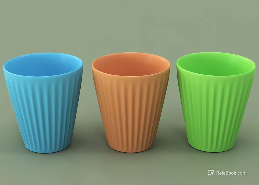 Colorful Blue Orange And Green Ribbed Texture Cups On Gray Background 3d model 