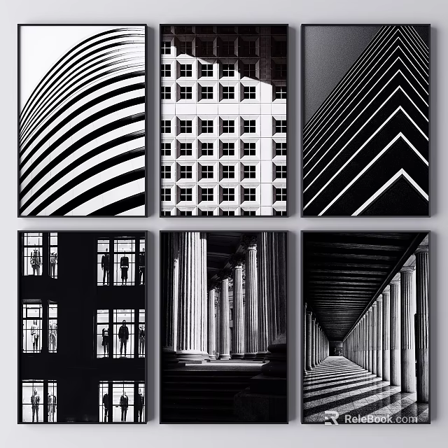 Black and White Architectural Wall Art With Geometric Patterns Columns And Windows 3d model 