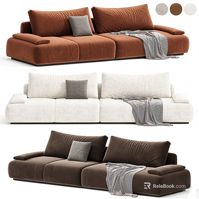 Brown White Dark Brown Three Seater Sofas With Decorative Pillows And Cozy Blanket 3d model 