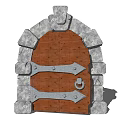 Building Exterior Wall with Rustic Stone Arch Wooden Door and Metal Hinges