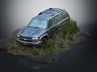 Old Dirty SUV Parked On Wet Ground With Weeds And Ferns Around 3d model