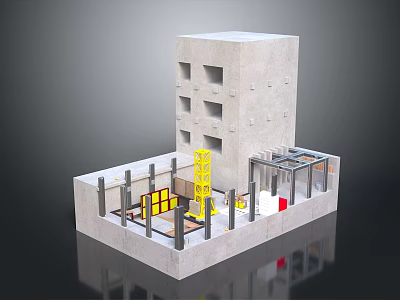 Architectural Model Of Concrete Multi Storey Building With Internal Frame And Yellow Red Components 3d model