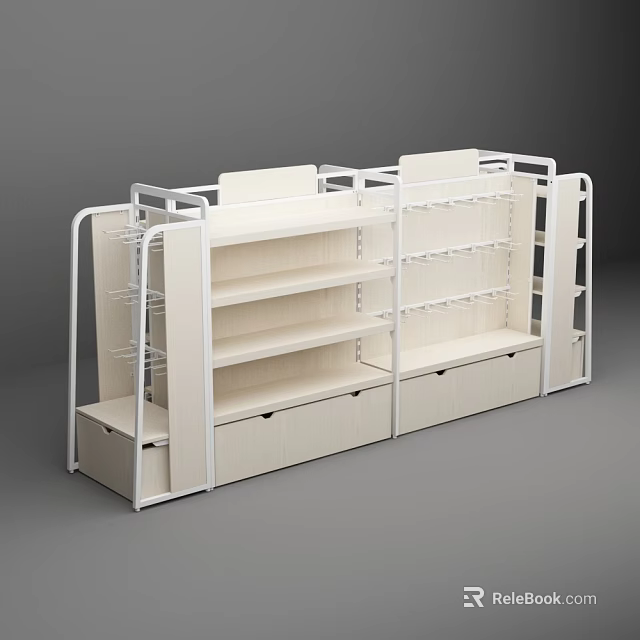 Convenience Store Shelving Unit With White Frame Multi Tiered Design And Storage Drawers 3d model 