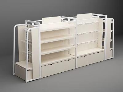 Convenience Store Shelving Unit With White Frame Multi Tiered Design And Storage Drawers 3d model