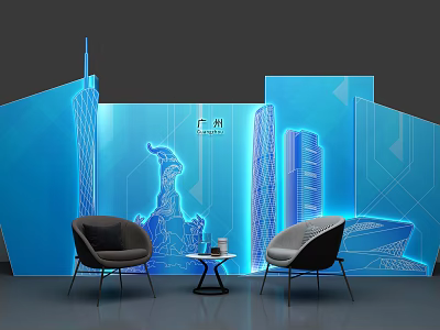 Modern Guangzhou City Skyline Display With Blue Background Chairs And Table 3d model