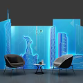Modern Guangzhou City Skyline Display With Blue Background Chairs And Table