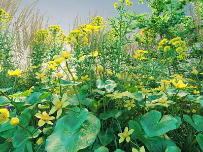 Beautiful Lush Garden with Yellow Flowers Green Leaves and Various Plants 3d model