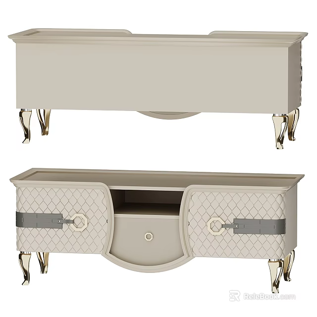 Beige TV Stand with Gold Legs Quilted Pattern Doors Silver Straps and Central Drawer 3d model 