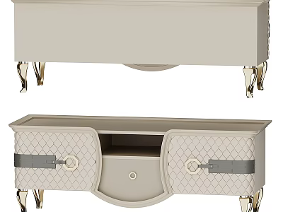 Beige TV Stand with Gold Legs Quilted Pattern Doors Silver Straps and Central Drawer 3d model