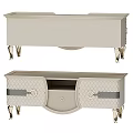 Beige TV Stand with Gold Legs Quilted Pattern Doors Silver Straps and Central Drawer