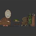 Traditional Bedroom Interior With Wooden Bed Armchair Round Painting Small Table Plant And Dark Rug