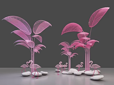 Pink Leaf Decorative Plants With Flamingo Figurines And White Stones 3d model